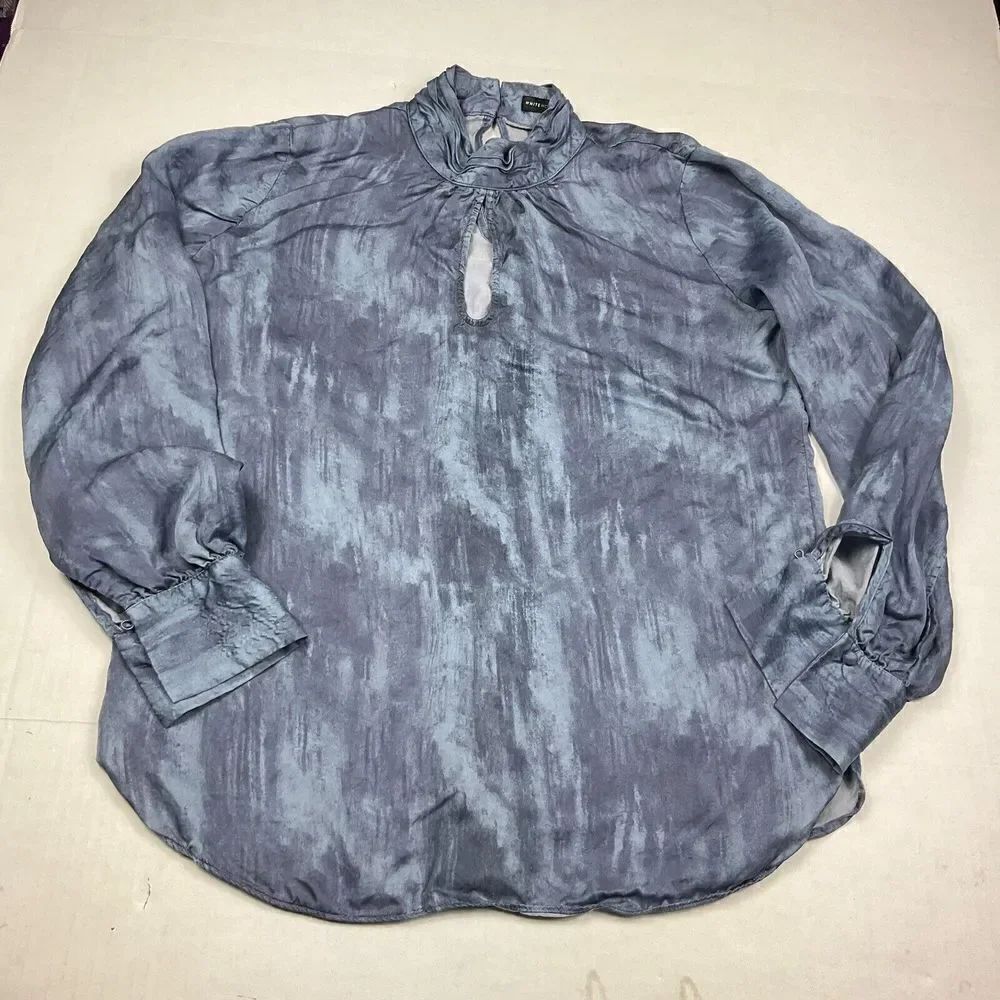 White House Black Market High Neck Dressy Work Blouse Blue Long Sleeve Size 4